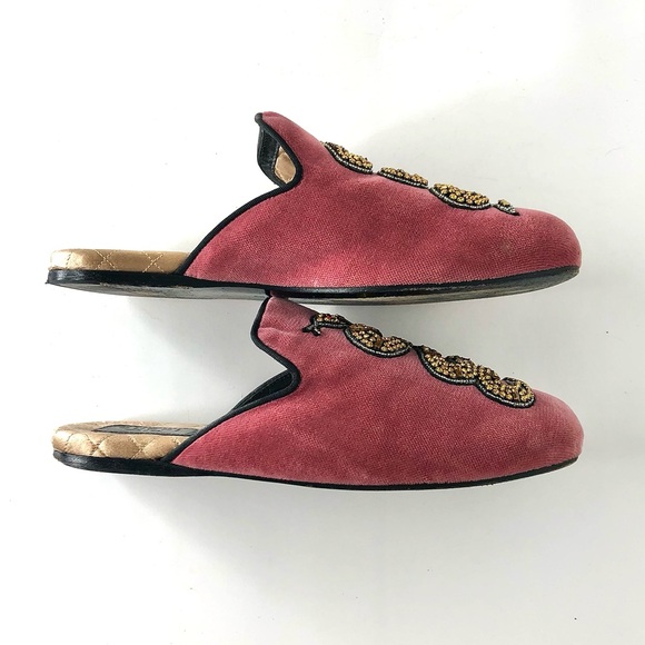 Gucci Pink Velvet Water Snake Crystals Embellished Slip On Mules Flats Slides 37 - Picture 6 of 12
